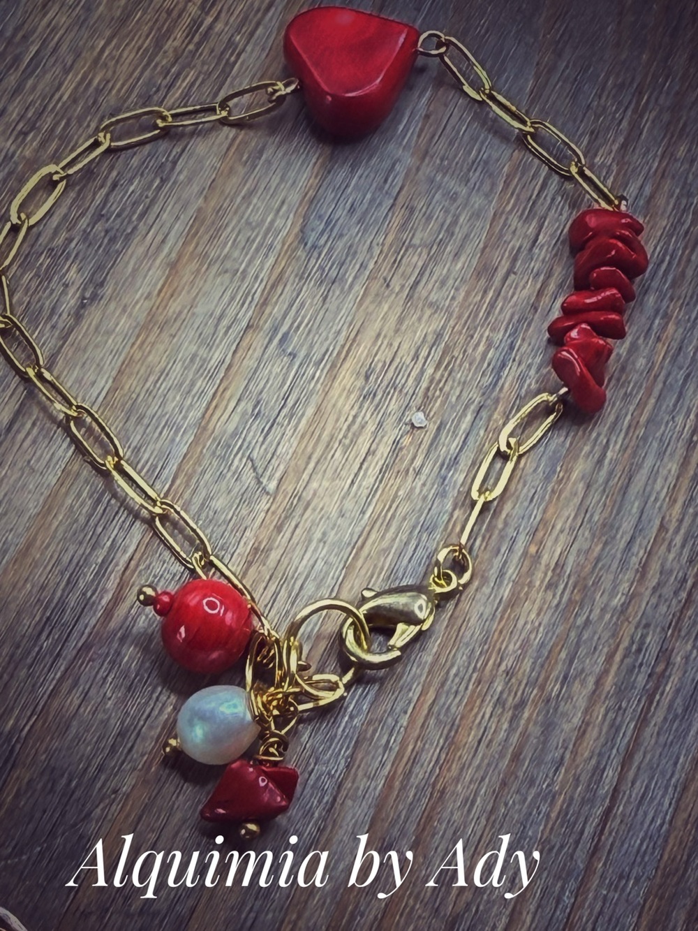 Gold red coral adjustable rope chain dainty bracelet